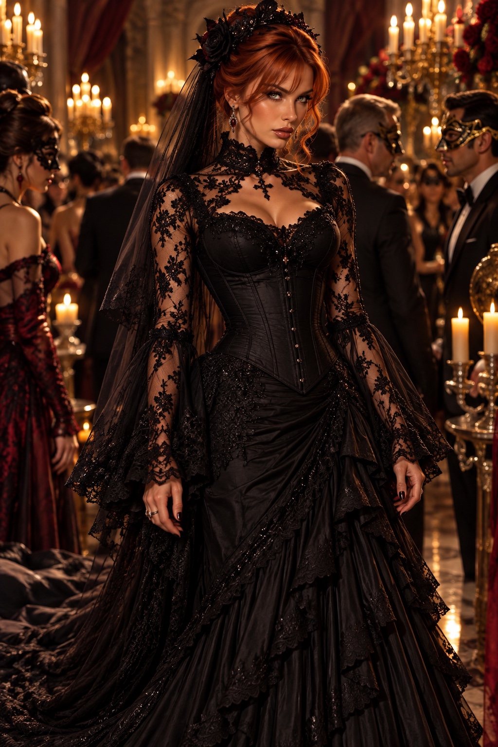 Sienna Hart in the full-length black lace gothic gown at an elegant candlelit masquerade