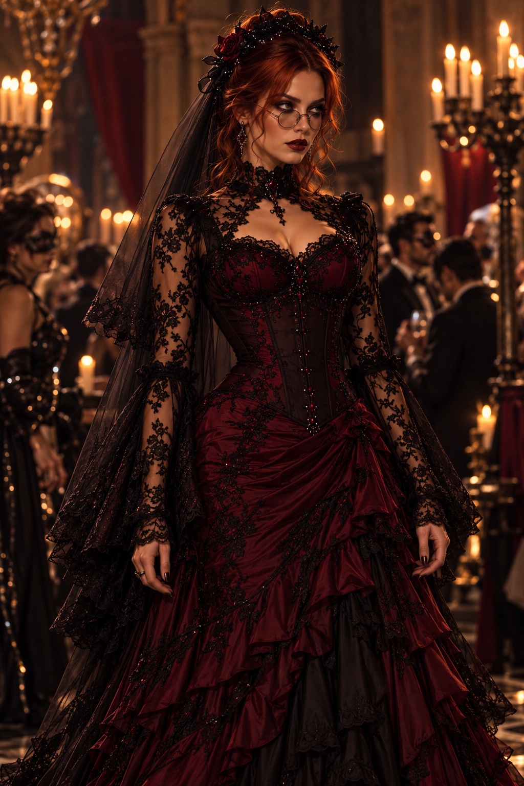 Sienna Hart in burgundy and black gothic couture at a candlelit masquerade