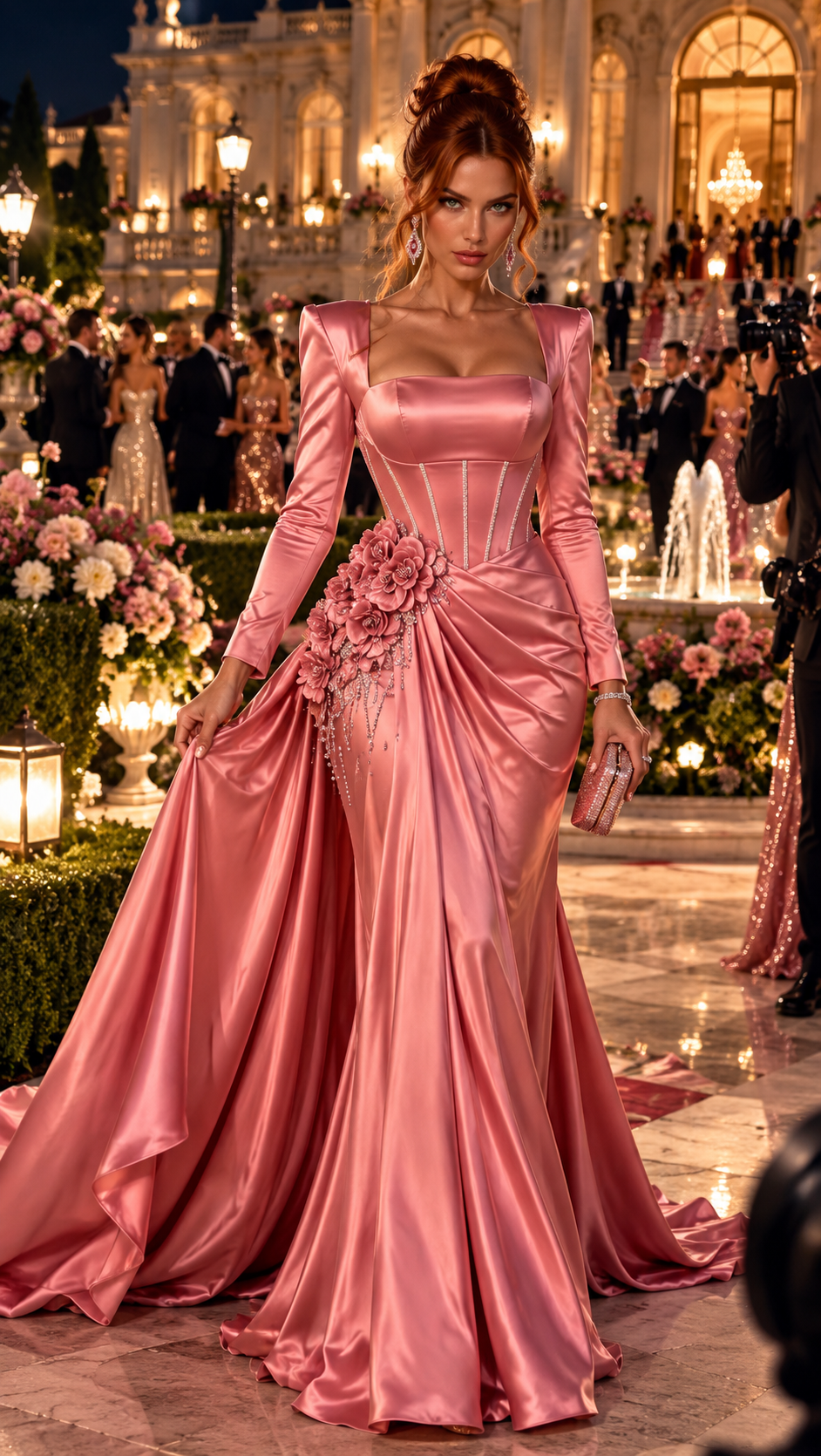 Sienna Hart in a rose satin evening gown in a palace garden