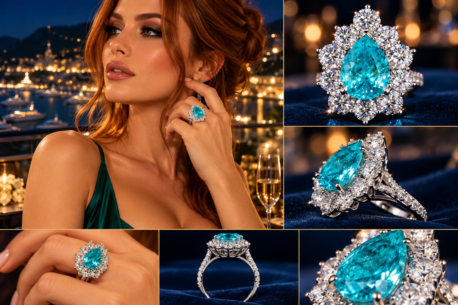 Sienna Hart with premium macro views of the neon-blue Paraiba teardrop ring