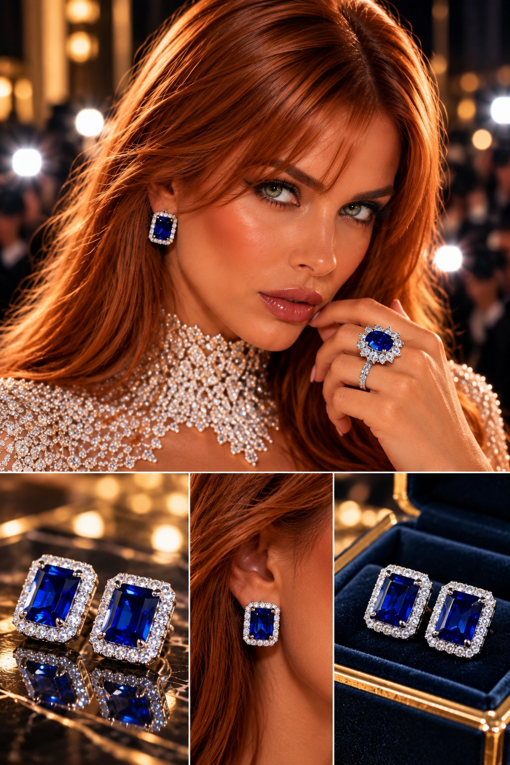 Sienna Hart wearing sapphire-blue earrings with premium product detail views