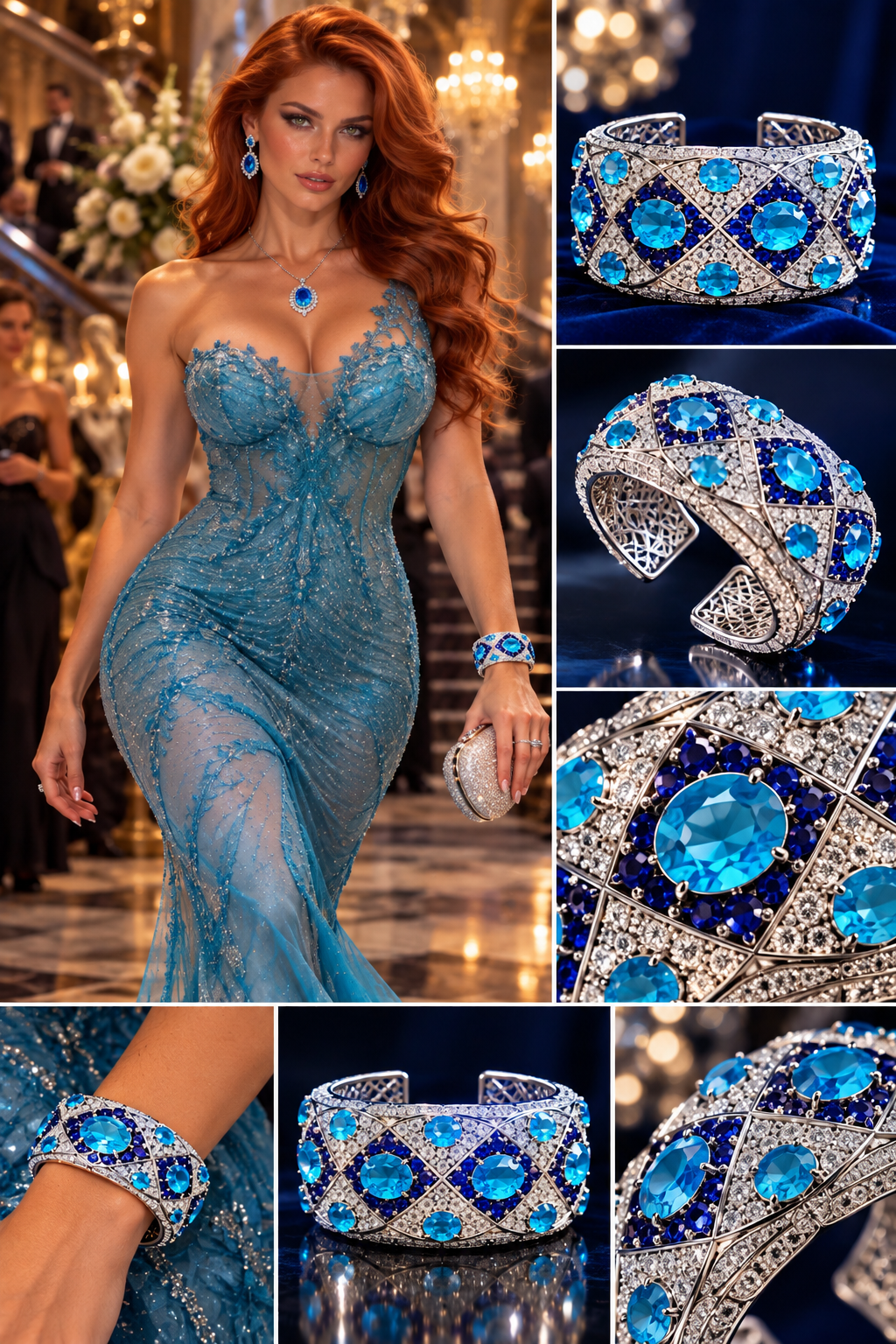 Sienna Hart wearing an aqua-blue and sapphire statement bracelet with detailed product views