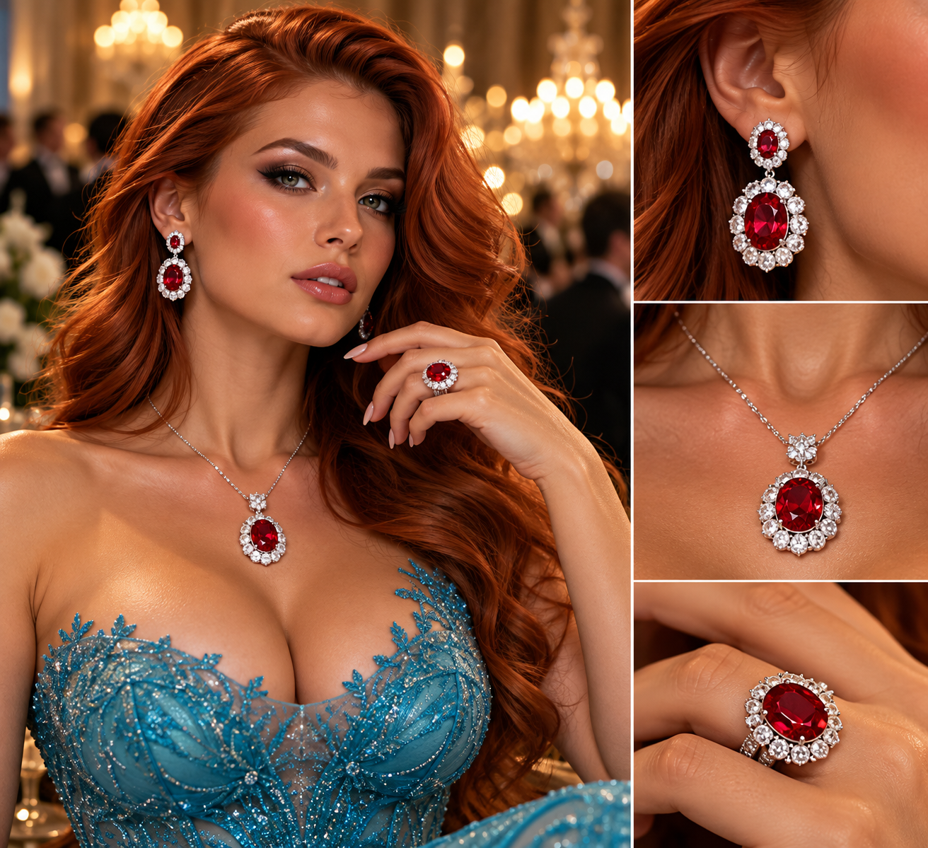 Sienna Hart wearing the red jewelry selection with detailed product views