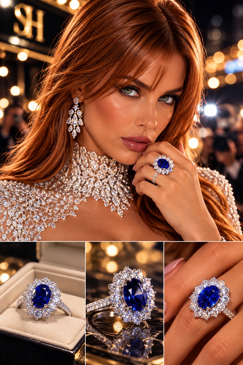 Sienna Hart editorial presentation with detailed views of a royal-blue halo statement ring