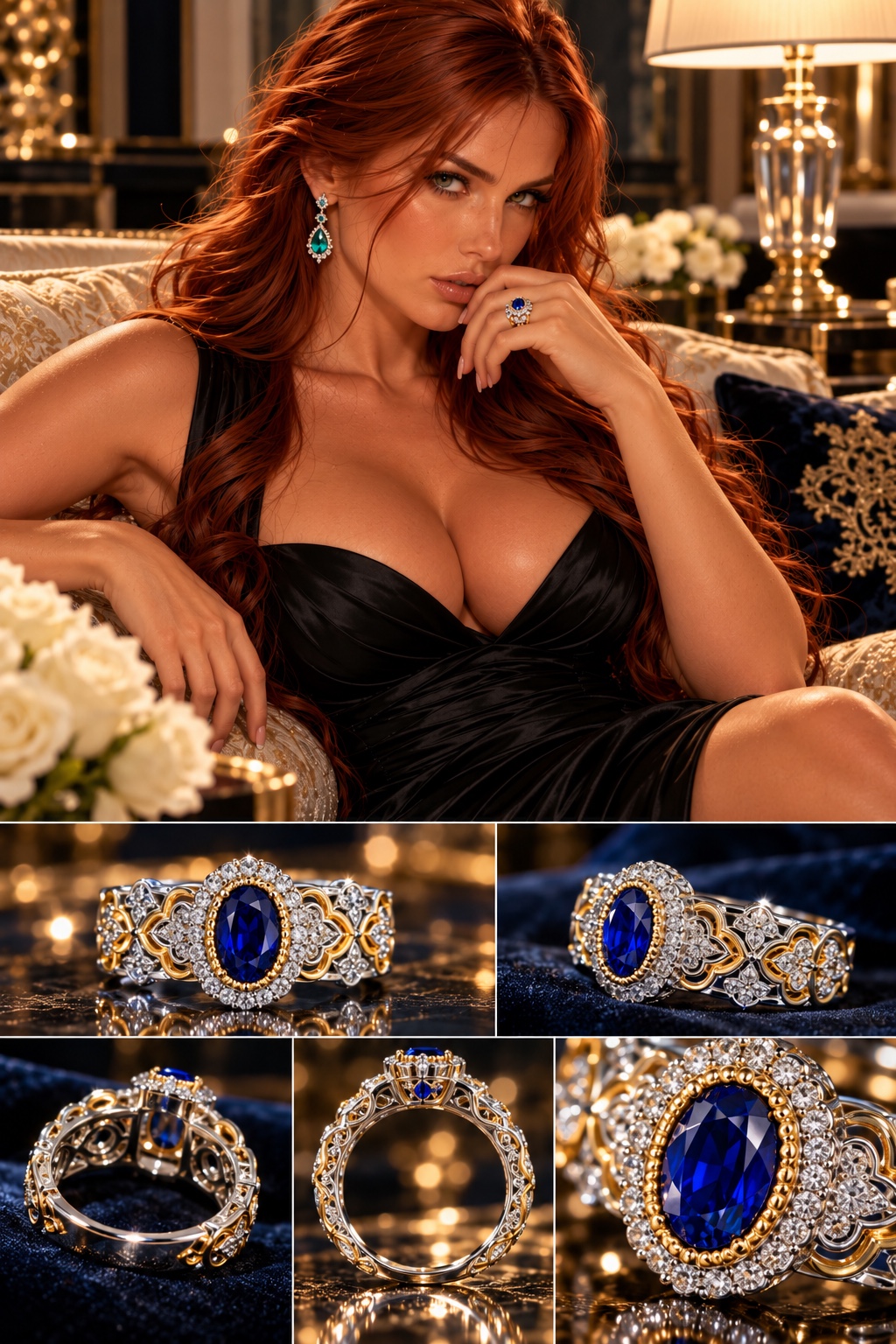 Sienna Hart in a black evening gown with detailed views of an ornate royal-blue statement ring