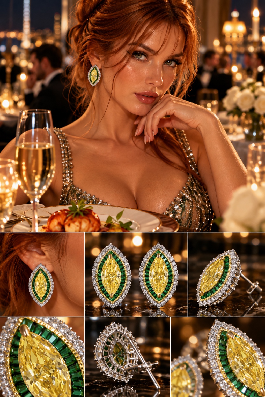 Sienna Hart wearing golden and emerald marquise statement earrings with detailed product views