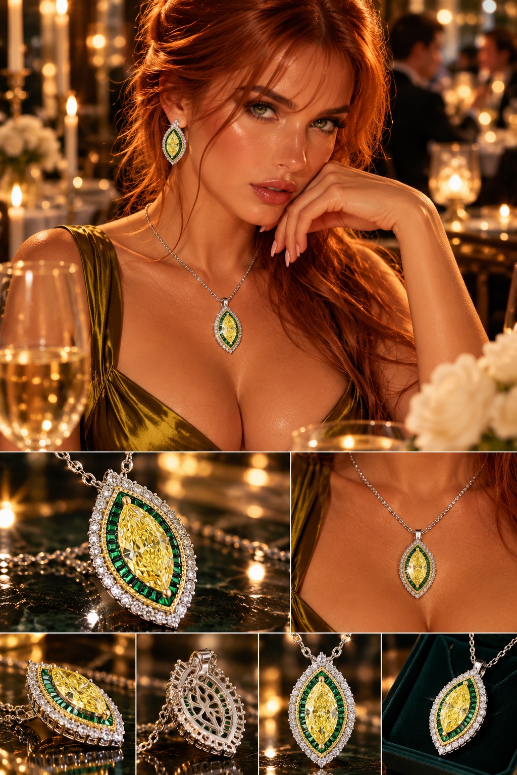 Sienna Hart editorial presentation with detailed views of the golden and green pendant