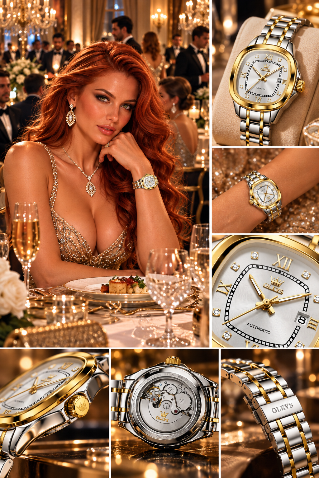 Sienna Hart wearing a two-tone OLEVS automatic watch in a grand formal dining setting with detailed product views